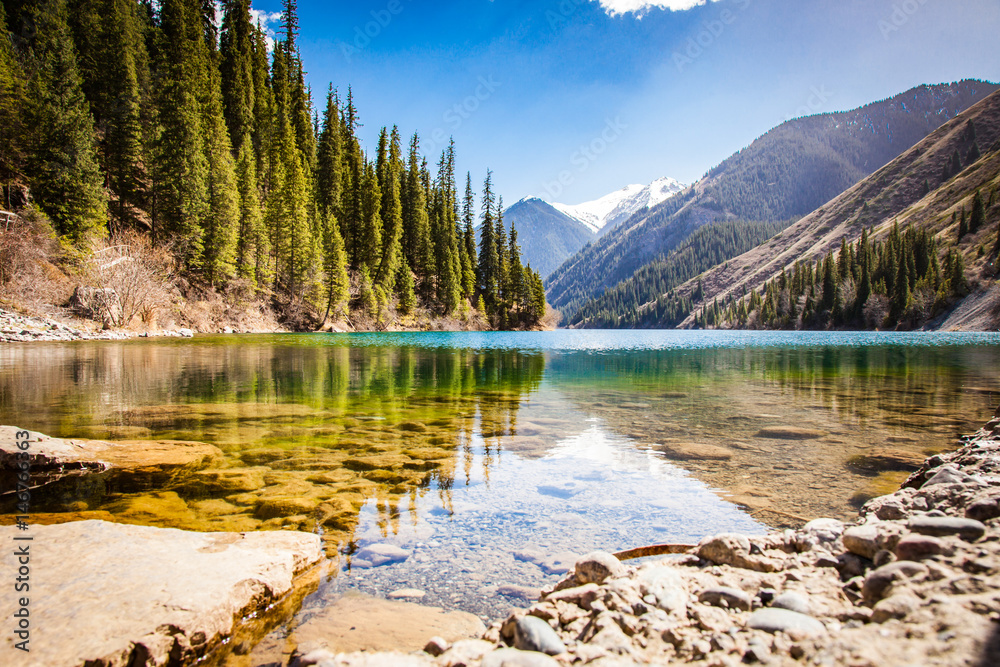 Fototapeta premium Majestatyczne niebieskie górskie jezioro z zielonymi drzewami