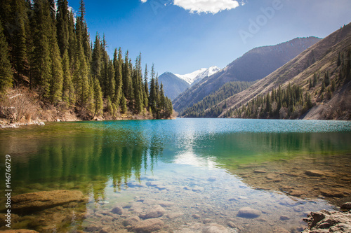 Majestic blue mountain lake with green trees