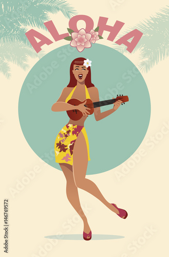 Sexy PinUp girl playing ukelele under palm trees. Retro Hawaiian Scene
