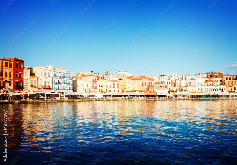 venetian marina of Chania old town at sunny day, Crete, Greecer, retro toned