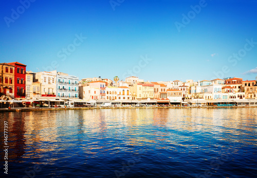 venetian marina of Chania old town at sunny day, Crete, Greecer, retro toned