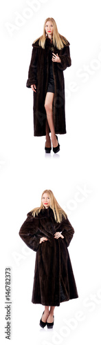 Tall model wearing fur coat