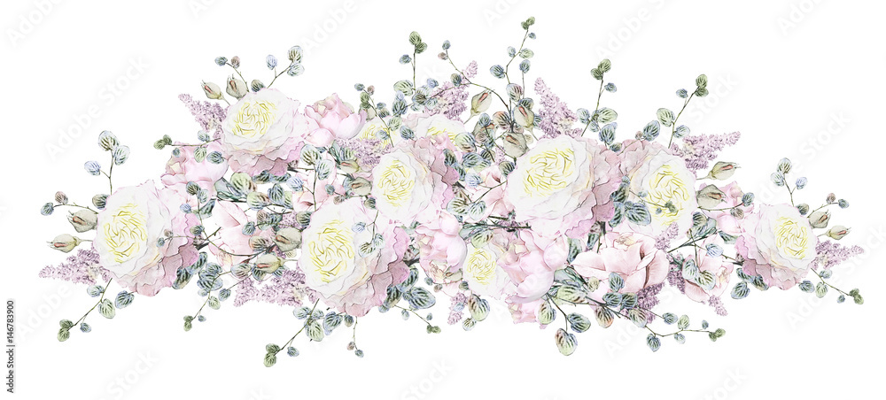 floral illustration - pink rose. branch flower with leaves isolated on white background. Cute composition for wedding or greeting card. bouquet