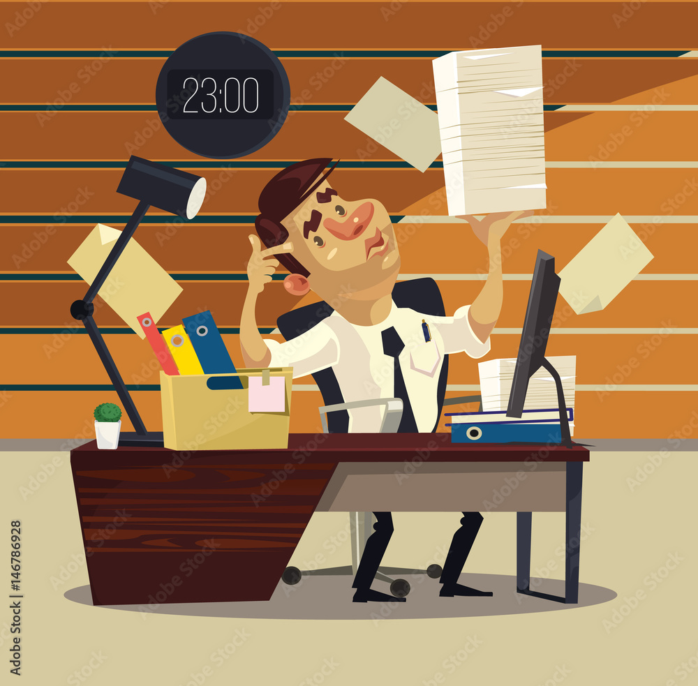 Unhappy tired office worker businessman has many works. Vector flat cartoon  illustration Stock Vector | Adobe Stock