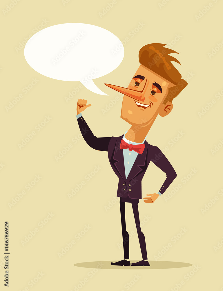 Happy smiling liar office worker businessman telling lie. Vector flat cartoon illustration