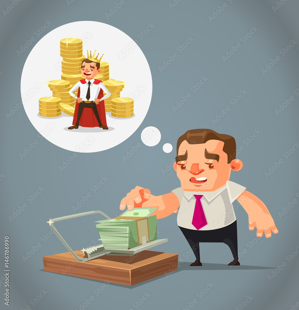 Ruined unemployed businessman character trying take money from trap ...