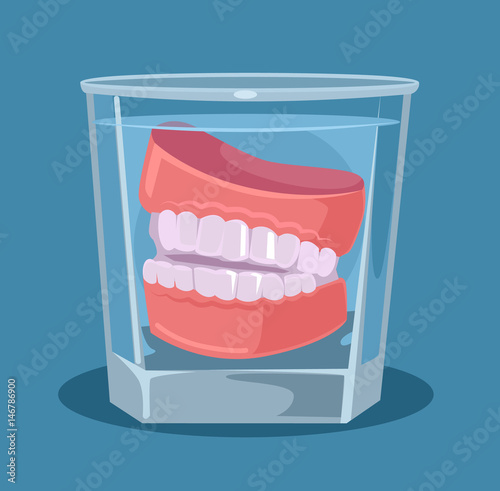 False teeth in glass. Vector flat cartoon illustration