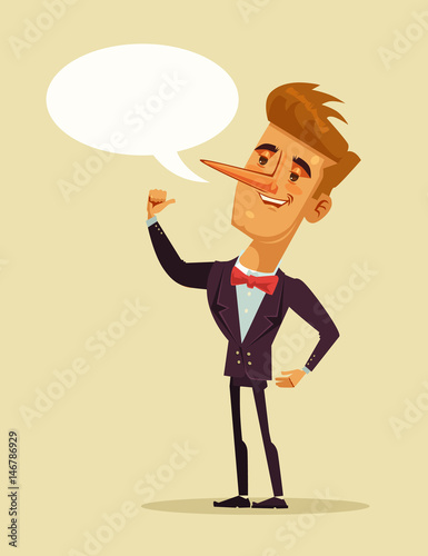 Happy smiling liar office worker businessman telling lie. Vector flat cartoon illustration
