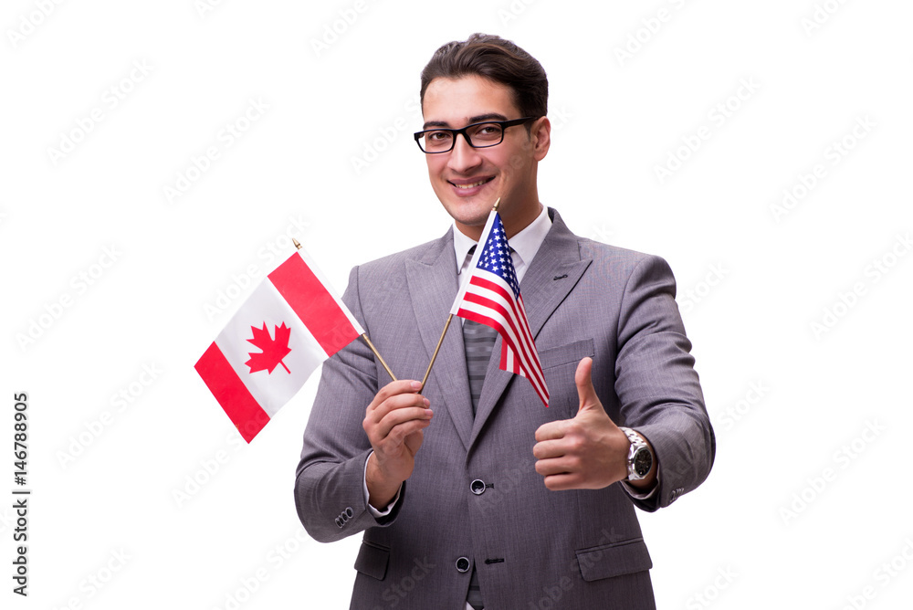 Young businessman with flag isolated on white Young businessman with flag isolated on white