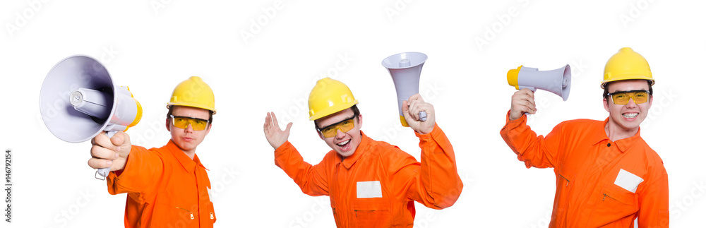 Builder with loudspeaker isolated on white Builder with loudspeaker isolated on white