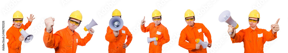 Builder with loudspeaker isolated on white Builder with loudspeaker isolated on white