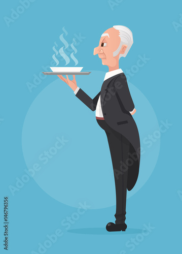 Butler in black tuxedo holding tray with soup dish. Vector flat cartoon illustration