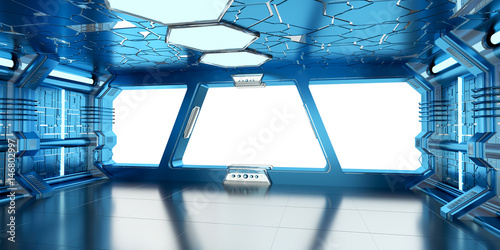 Fototapeta Naklejka Na Ścianę i Meble -  Spaceship blue and white interior 3D rendering