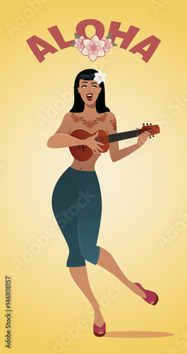 Sexy and tattooed pin-up girl playing ukelele. Vector Illustration