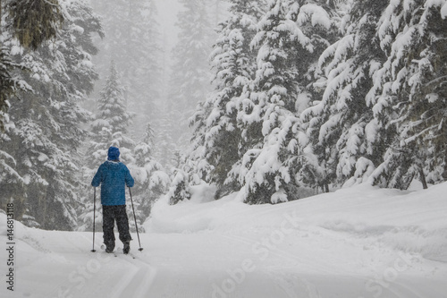 Man cross-country skiing in a snowstorm photo