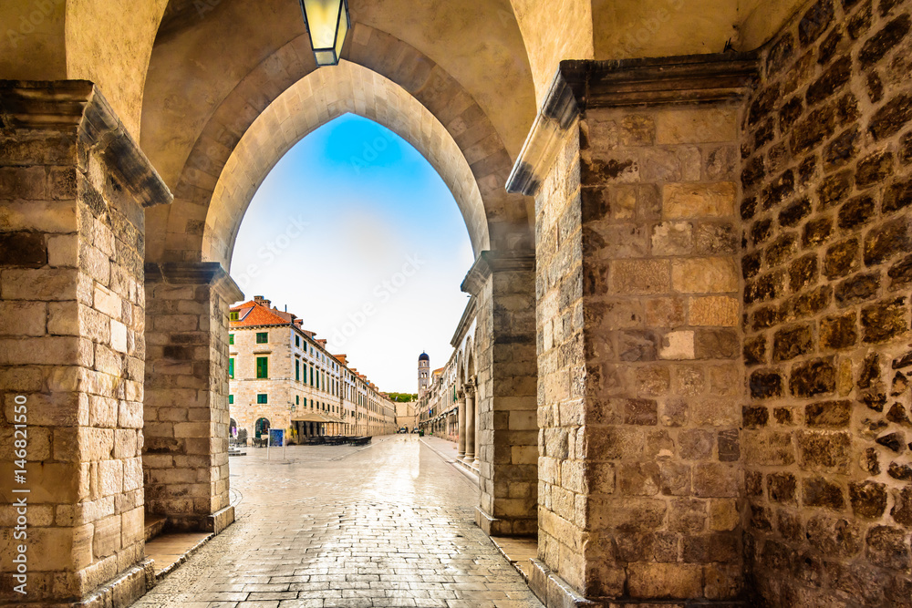 Fototapeta premium Stone architecture Dubrovnik. / Picturesque stone architecture in old city center in marble town Dubrovnik, Croatia.