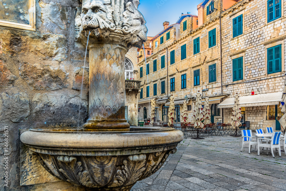 Naklejka premium Architecture details Croatia. / Scenic view at marble public architecture details in old city center of town Dubrovnik, popular touristic destination on Adriatic Coast, Croatia.