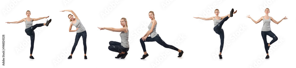 Young woman doing sports isolated on white