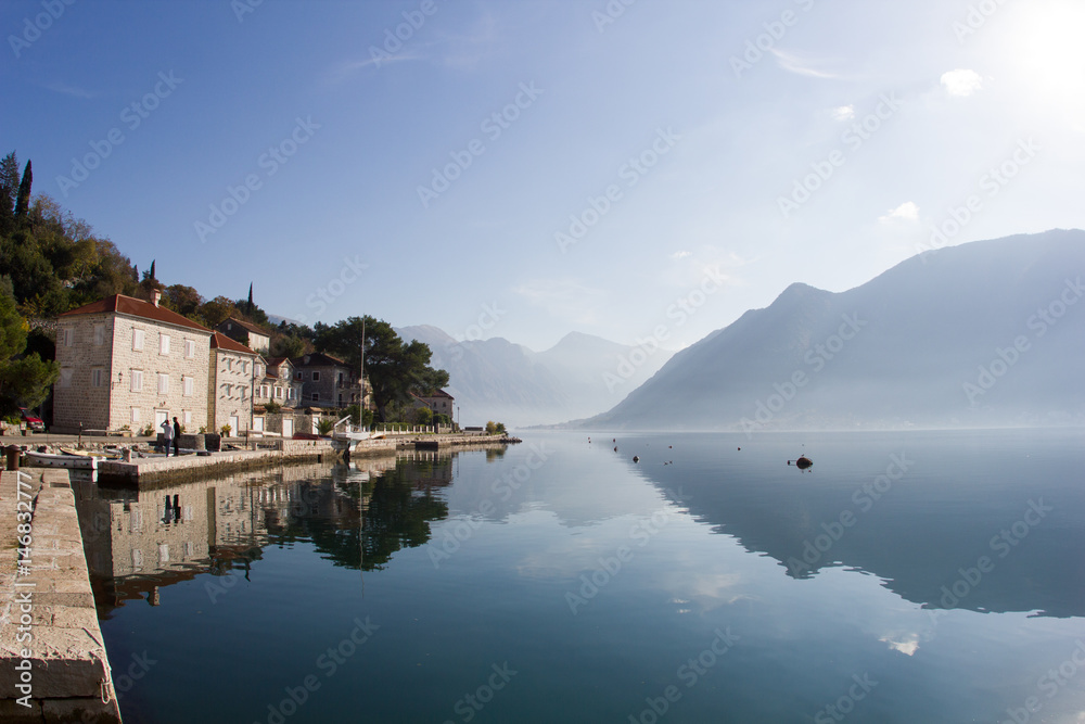Embankment in Perast, Montenegro sea view and mountain view morning sunlight