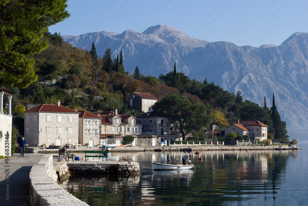 Embankment in Perast, Montenegro sea view and mountain view