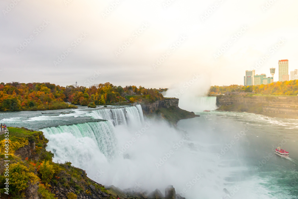 American side of Niagara Falls during sunrise . American side of Niagara Falls during sunrise .