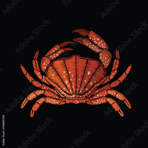 Embroidered crab. Sea inhabitant. Vector vintage decorative element for embroidery, patches and sticker