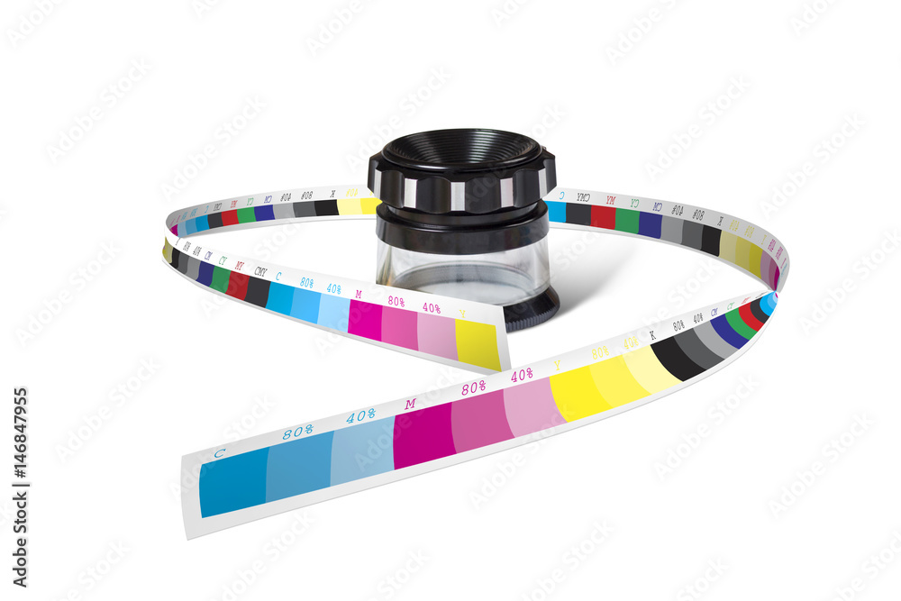 Print loupe glass wrapped with color control bar isolated on white background