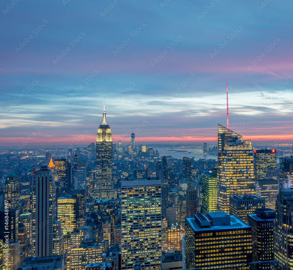 View of New York Manhattan during sunset hours