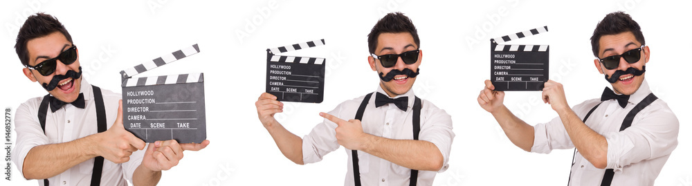 Funny with movie clapper isolated on white Funny with movie clapper isolated on white