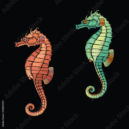 Sea Horse embroidery. Embroidered uderwater life. Vector vintage decorative element for embroidery, patches and sticker photo