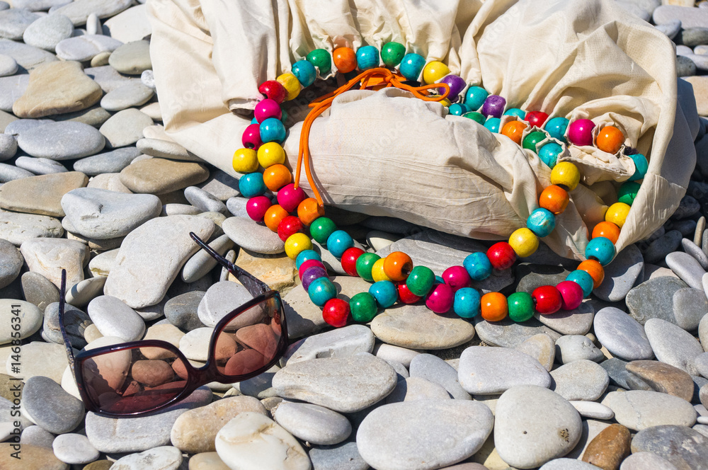 beach accessories on pebble beach