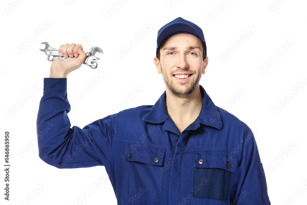 Handsome auto mechanic on white background Handsome auto mechanic on white background