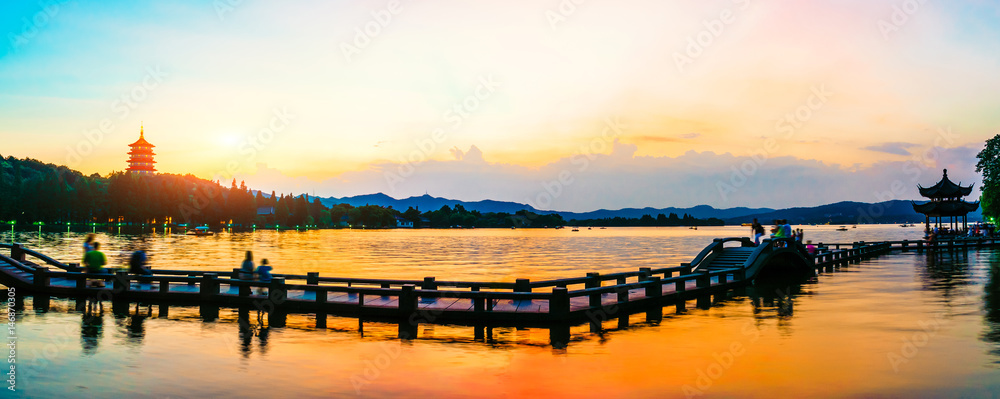 Beautiful hangzhou west lake scenery at sunset