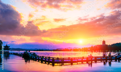 Beautiful hangzhou west lake scenery at sunset