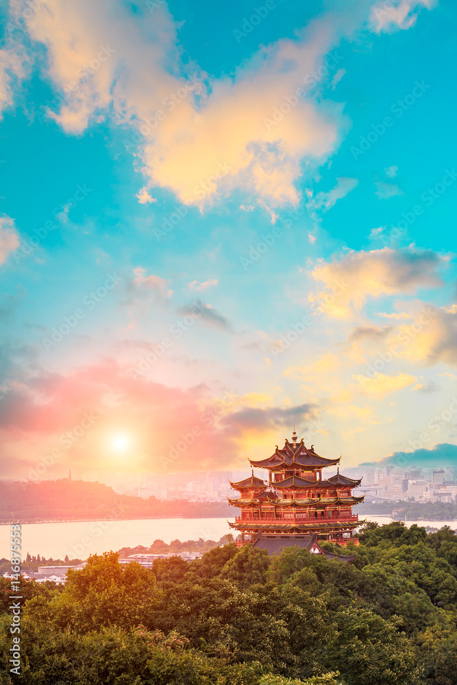 Beautiful Hangzhou West Lake and ancient pavilion architectural scenery at sunset Beautiful Hangzhou West Lake and ancient pavilion architectural scenery at sunset