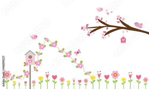 Rama de árbol con flores rosas y nido 1.