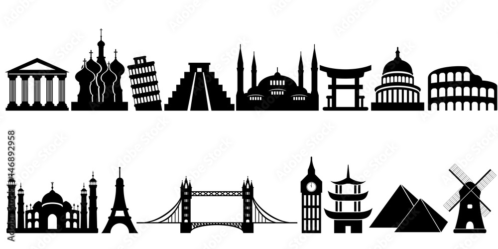 World famous travel landmarks and monuments