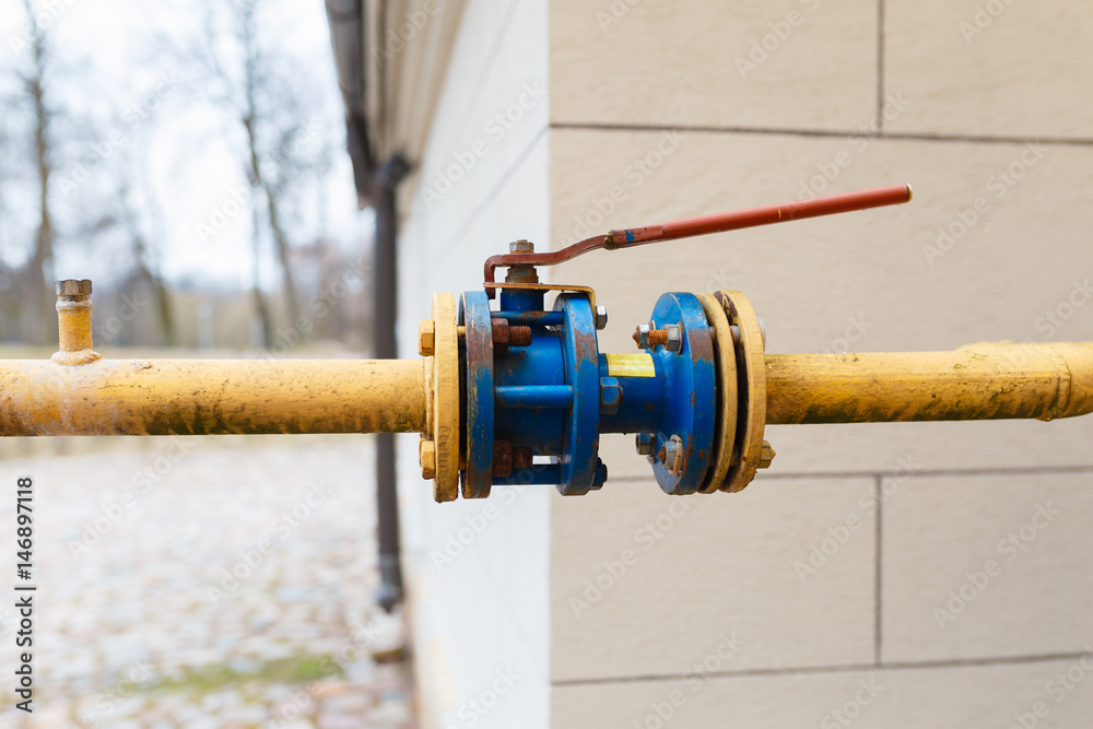 Yellow with blue connective valve on pipe with red handle Yellow with blue connective valve on pipe with red handle