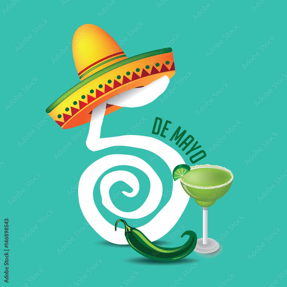 Cinco De Mayo lettering and sombrero for celebration of the Mexican holiday on the fifth (Cinco) of May (Mayo). AI 10 vector.