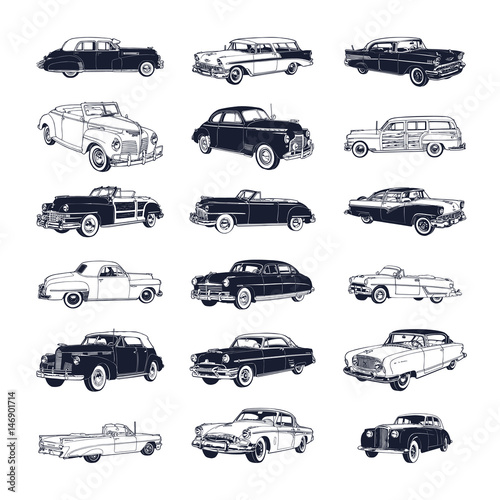 Fototapeta Ikony klasycznych samochodów na białym tle na zamówienie