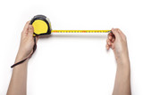 woman hand hold a measuring tape isolated white