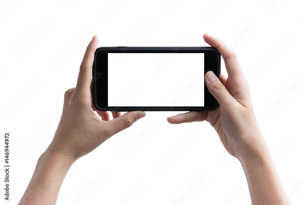Woman hand holding the black smartphone with blank screen Woman hand holding the black smartphone with blank screen