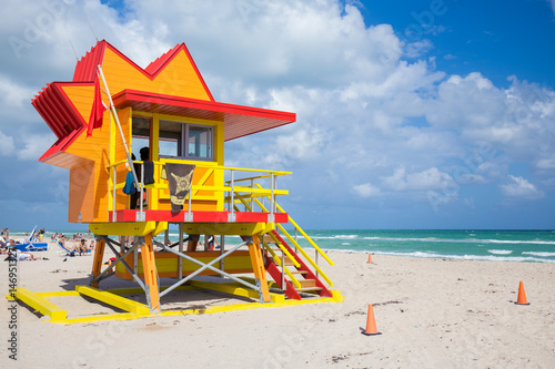 USA. FLORIDA. MIAMI BEACH, APRIL,2017: Miami Beach in South Beach with new lifeguard tower and coastline with colorful cloud and blue sky. Florida. © miami2you
