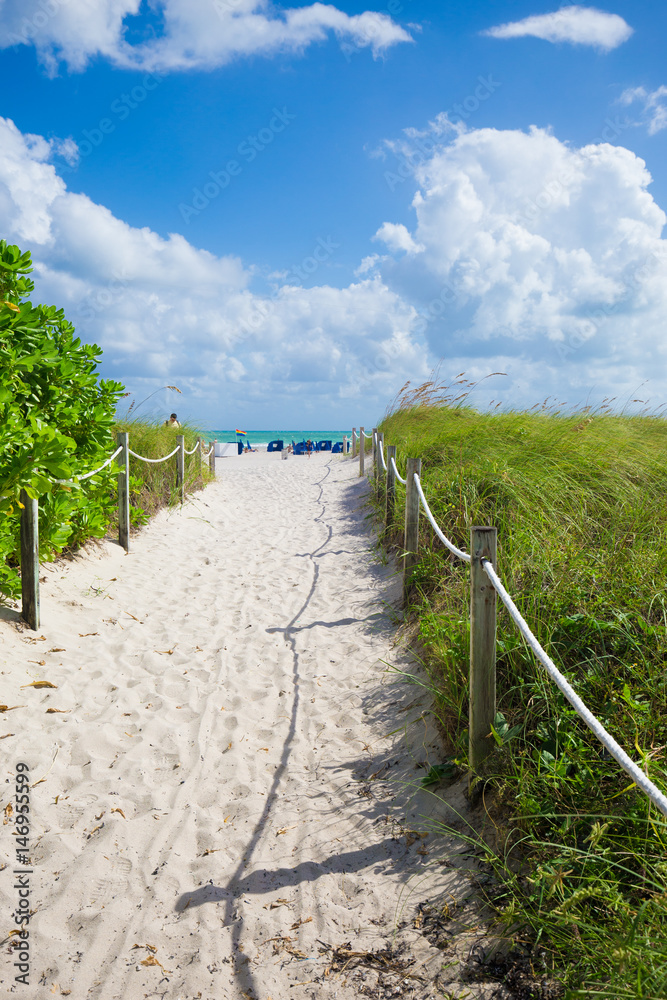 Walkway to famous South Beach, Miami Beach, Florida Walkway to famous South Beach, Miami Beach, Florida