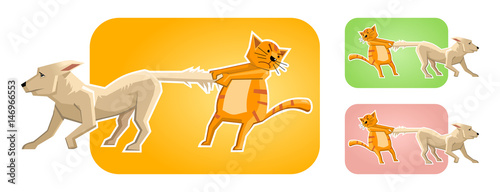 Illustration of a cat pulling dog's tail. Cat and dog fight, domestic animals rivalry. Simple vector illustration