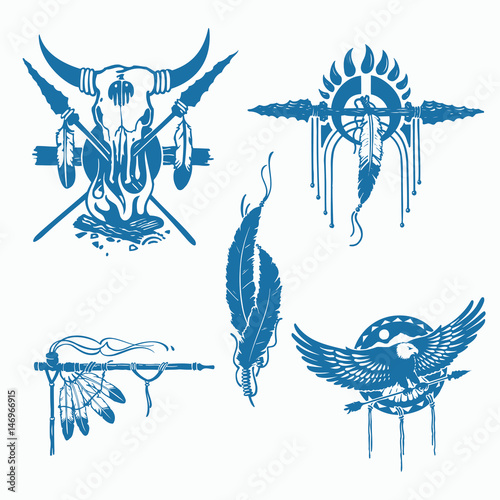 native american indians illustration set (bow and arrow, tomahaw