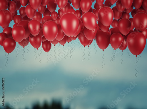 Red bunch of Birthday balloons in the sky. 3d render