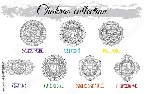 Collection with hand drawn charkas and colorful lettering. Hand drawn vector illustration