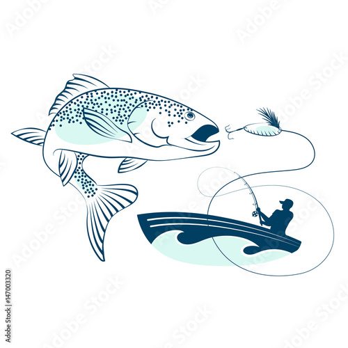 Fish jumping and a fisherman in a boat