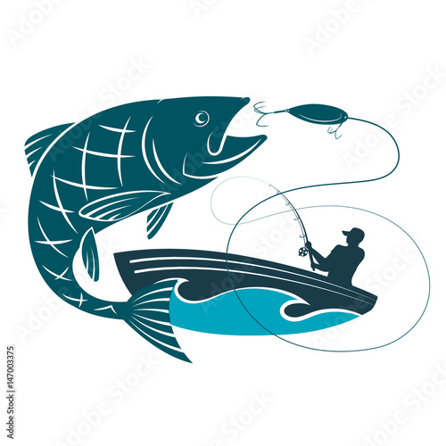 Fish jumping for bait and a fisherman in a boat